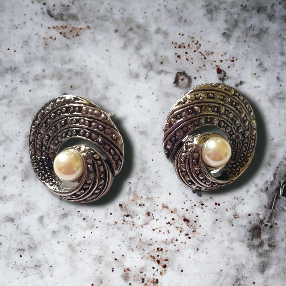 Vintage Faux Pearl Sterling Silver Earrings Studded Back Intricate Design